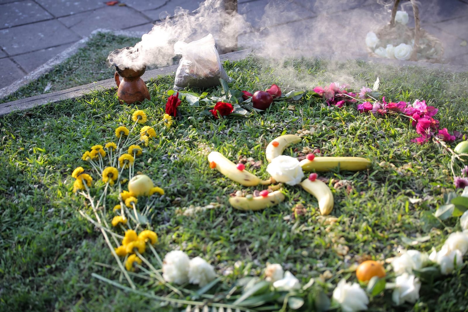 Círculo ritual con flores y ofrendas de una ceremonia de temazcal